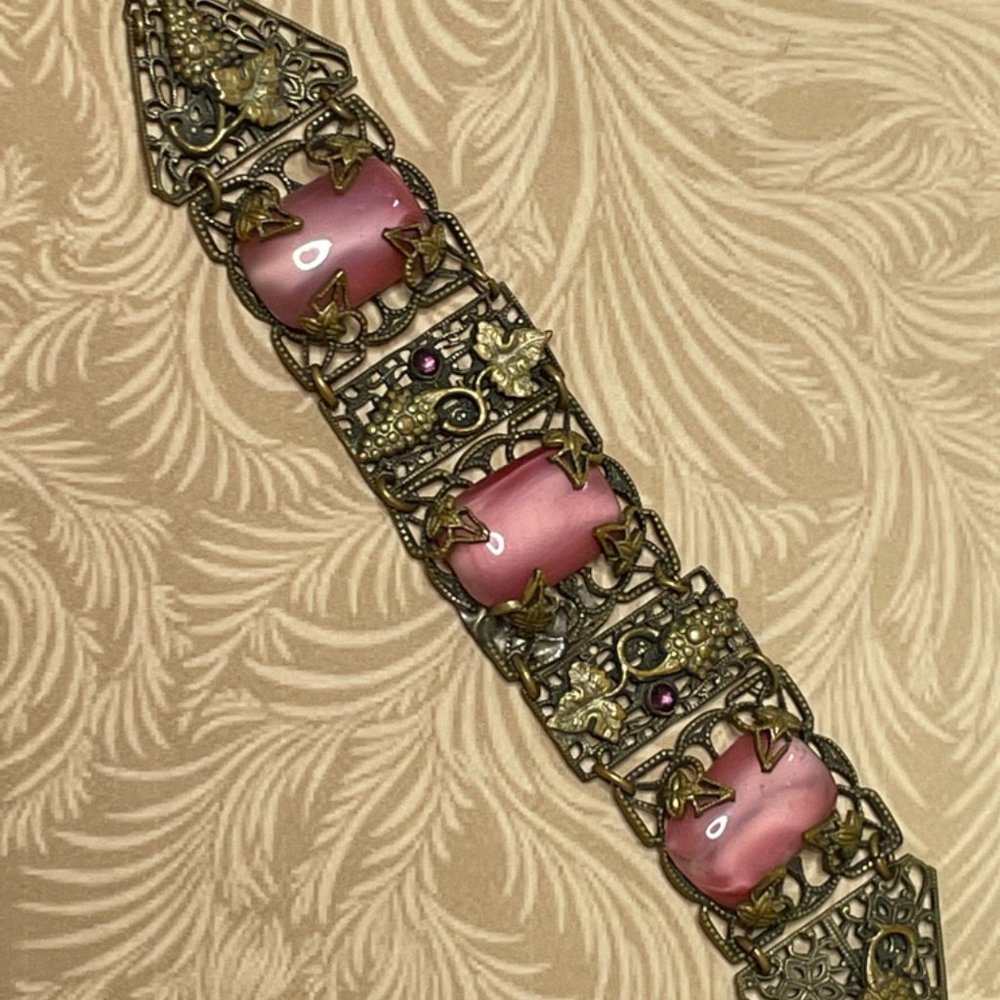 Antique Art Nouveau Brass Czech Grape Pink Glass Cabochon Bracelet Victorian